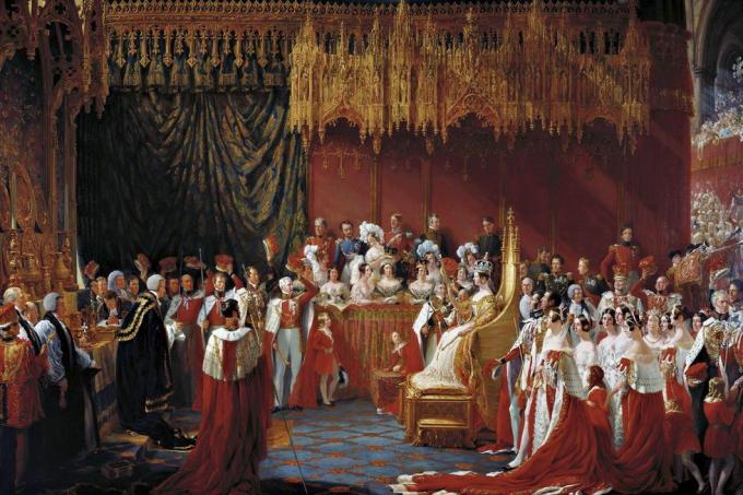 2bpb1w5 pictura cu încoronarea reginei Victoria a Angliei încoronarea reginei Victoria în Westminster Abbey, 28 iunie 1838 de sir George Hayter, ulei pe pânză, 1839