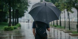 Vedere din spate a unui bărbat inteligent cauzal care ține umbrelă și se plimbă de-a lungul parcului în orașul urban ploios