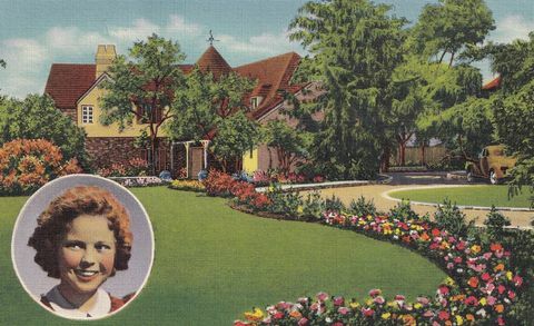Carte poștală cu suveniruri de epocă, casa lui Shirley Temple, seria de case de vedete de cinema, ca 1938
