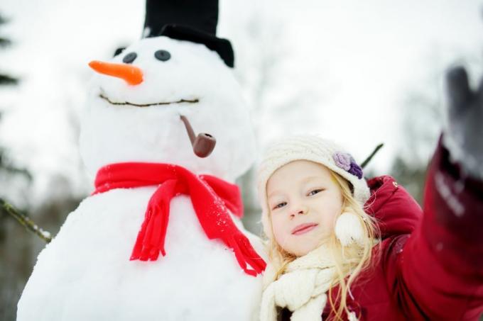 Fetiță adorabilă care construiește un om de zăpadă într-un frumos parc de iarnă. Copil drăguț care se joacă în zăpadă.