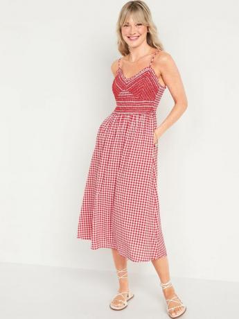 Rochie midi cu smock brodat Gingham 