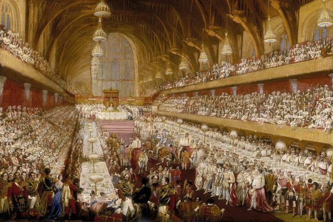 banchetul de încoronare al regelui George al IV-lea în sala Westminster, 1821 cele două rânduri de mese de pe ambele părți ale sălii au fost ocupate de colegii egali și nobilii erau așezați pe cele două etaje de mai sus și nu au luat parte la banchet în sine, regele stă la masa de sus, cu oameni călare, inclusiv un cavaler în armură în culoarul central, sala medievală a fost un centru al vieții londoneze și încă mai stă astăzi fotografie de museum of londonheritage imagesgetty imagini