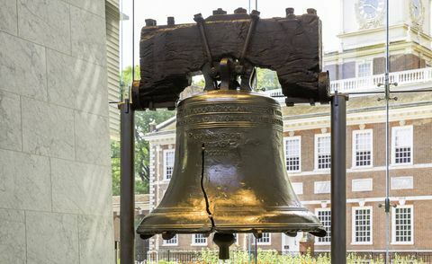 Liberty Bell cu Sala Independenței în fundal