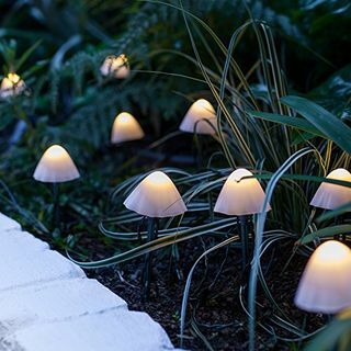 Lights4fun Set de 12 lămpi solare decorative pentru țăruși de grădină cu ciuperci Cablu verde LED alb cald IP44 rezistent la apă
