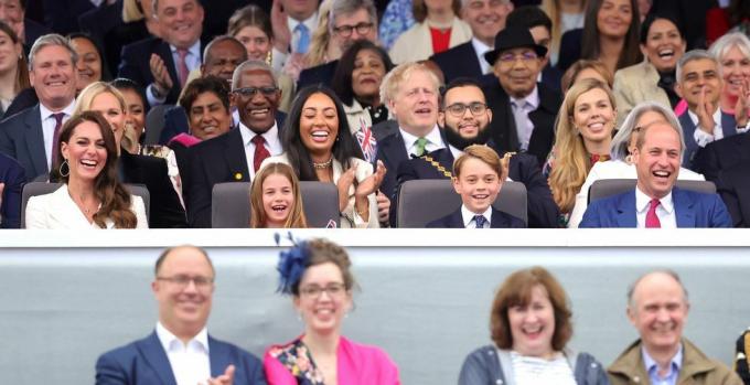 Londra, Anglia iunie 04 l r Catherine, ducesa de Cambridge, prințesa charlotte de cambridge, prințul george de cambridge, prințul william, ceasul ducele de cambridge Ursul Paddington și hm regina pe ecran în timpul petrecerii de platină la palatul din fața palatului Buckingham pe 04 iunie 2022 în Londra, Anglia platină jubileul lui elizabeth ii este sărbătorit între 2 iunie și 5 iunie 2022, în Marea Britanie și în Commonwealth, pentru a marca cea de-a 70-a aniversare de la urcarea reginei elizabeth ii pe 6 februarie 1952 fotografie de chris jackson wpa poolgetty images pe 04 iunie 2022 la Londra, Anglia jubileul de platină al lui elizabeth ii este sărbătorit de la 2 iunie - 5 iunie 2022, în Regatul Unit și în Commonwealth, pentru a marca cea de-a 70-a aniversare de la urcarea reginei elizabeth II la 6 februarie 1952, fotografie de chris jacksongetty imagini