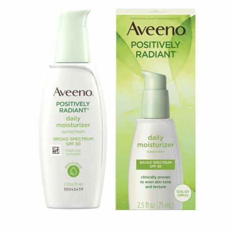 Cremă hidratantă facială zilnică Aveeno Positively Radiant cu complex total de soia și protecție solară cu spectru larg SPF 30, fără ulei și non-comedogenă, 2,5 fl. oz [1]