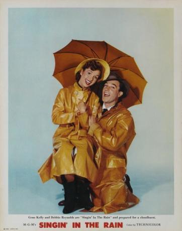 Debbie Reynolds și Gene Kelly în arta promoțională pentru Singin 'in the Rain.