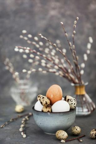Ouă de Paște în castron și buchet de salcie pe fond gri